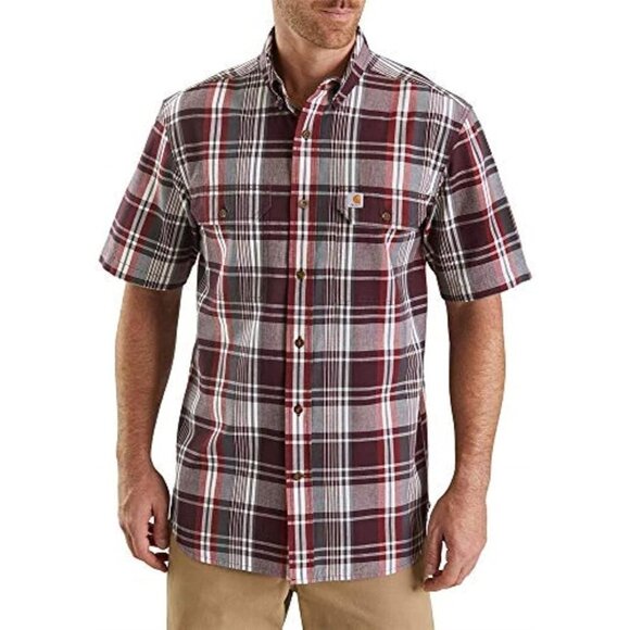 Carhartt Shirt Men Large‎ Burgundy Plaid Relaxed Fit Short Sleeve Button Down - Picture 1 of 10